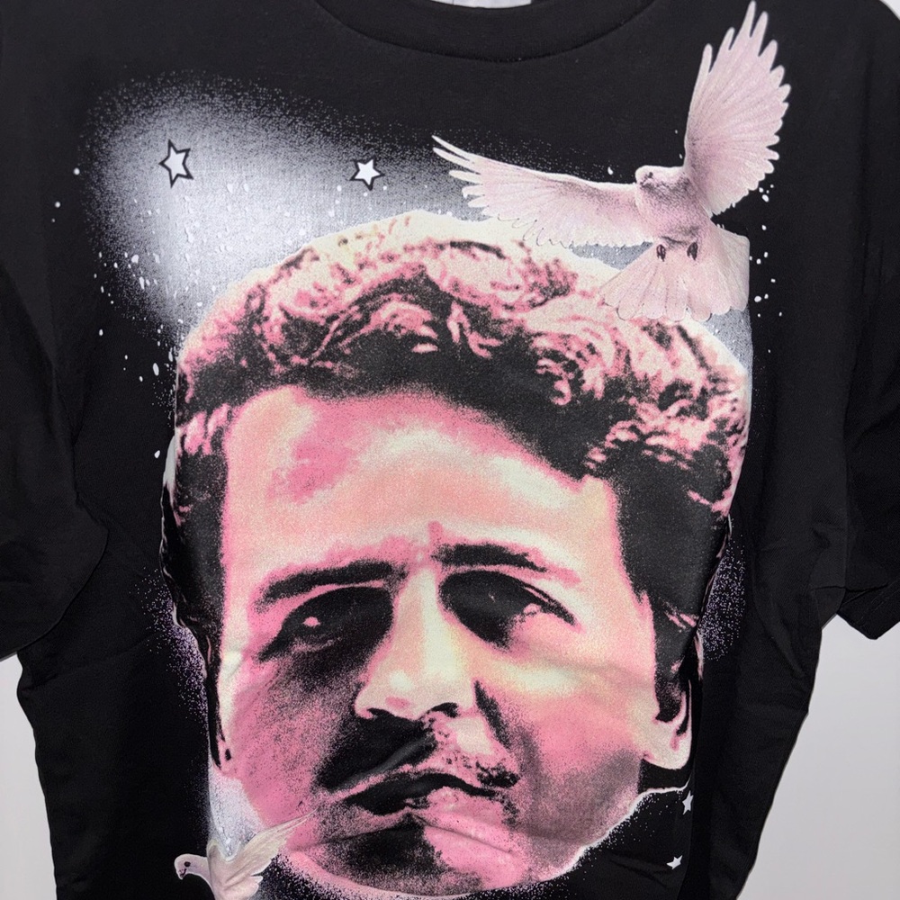 Men's Black Graphic Tee with Pink and White Design